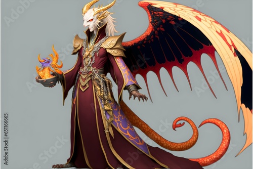 Draconian king with bright crimson smooth scaly skin with yellow and white patterns beep blue eyes long smooth shoulder length white hair leather folds of wings are golden orange wearing an ankle  photo