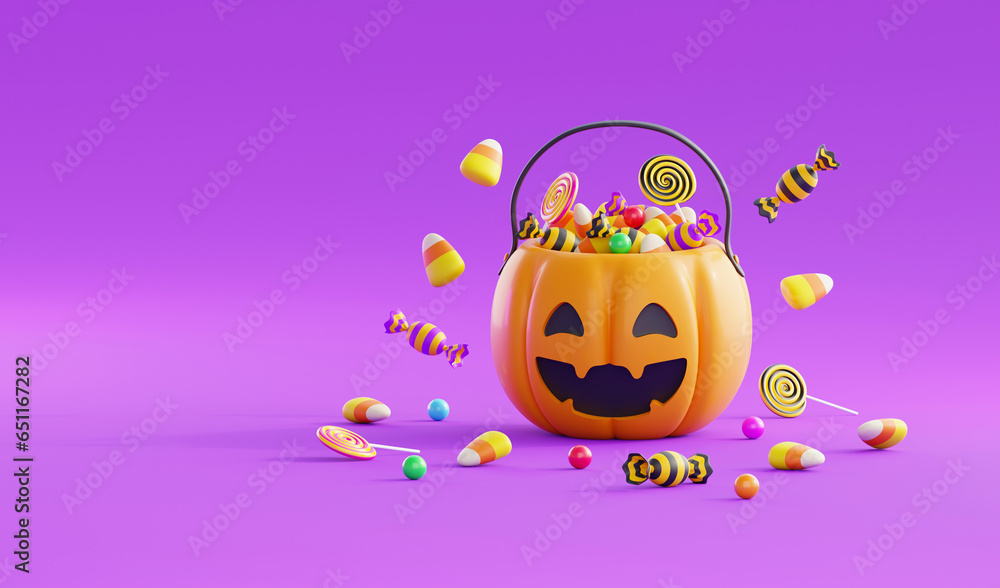 Fototapeta premium Halloween Background template With Halloween Pumpkin Bucket and Candy.Website banner in 3D style for poster or greeting card.3d render illustration