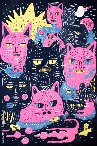 cat pattern in stylized modern outlined zine illustration 
