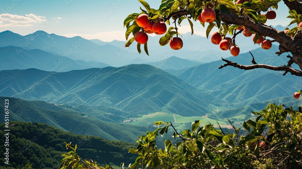 Catalan Mountain Canigou with Sun-kissed Peaches - A Stunning Scenic View - obrazy, fototapety, plakaty 