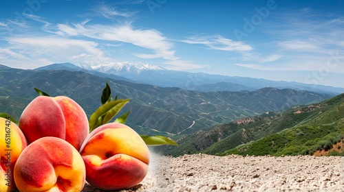 Catalan Mountain Landscape with Peaches and Sun over Canigou Peak photo