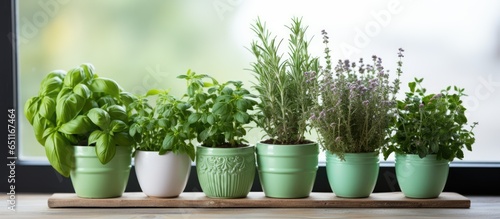 Indoor windowsill with variety of aromatic potted herbs photo
