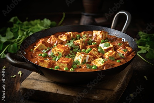 Delicious Paneer Tikka Masala on Rustic Wooden Background - A Mouthwatering Indian Recipe with Creamy Tomato Sauce and Spicy Chili Peppers
