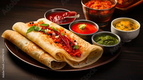 South Indian Dosa Breakfast - Traditional Vegetarian Meal at Tamil Eatery with Spicy Chutney and Sambar, Top View photo