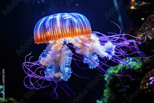 Swimming Blue Jellyfish in Nature's Aquarium: A Close-Up Image of Glowing Creature in Colorful Underwater World photo