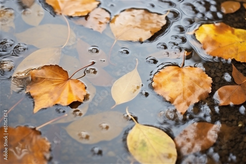 autumn orange leaves with rain drops in a puddle