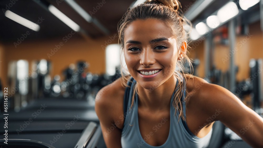 Portrait of a beautiful athletic girl against the background of the gym