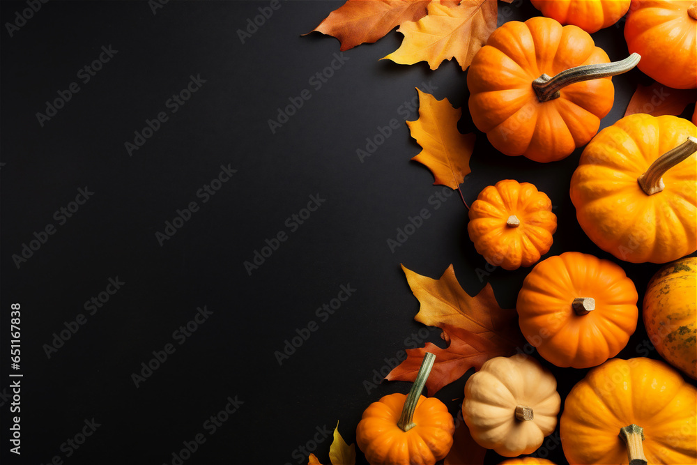 Halloween background with pumpkins and orange leaves on black background. Flat lay, top view, copy space. Halloween background with pumpkins and orange leaves on black background. Flat lay, top view, copy space.
