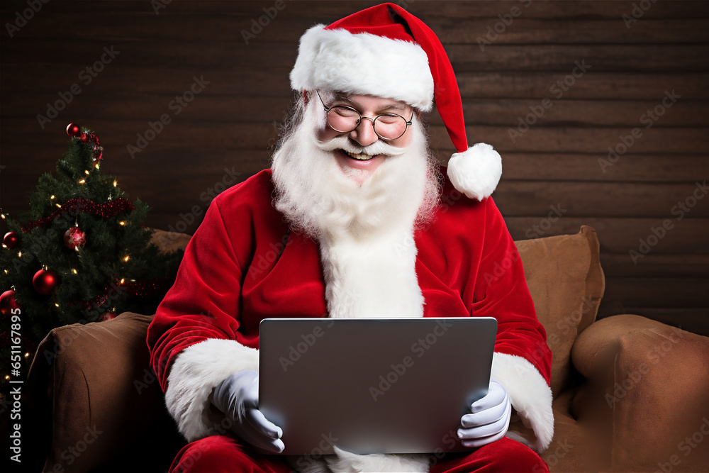 Naklejka premium Santa looking at his tablet laptop screen