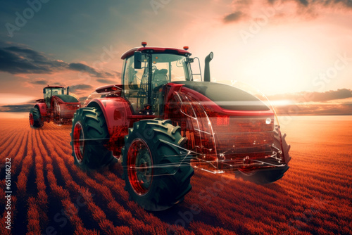 The concept of using modern technologies and artificial intelligence in agriculture with a tractor. iot smart industry robot