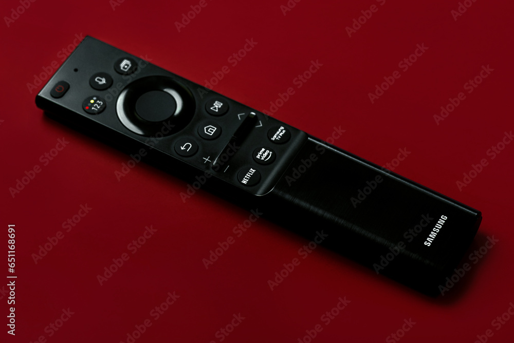 Closeup of Samsung smart TV remote control with buttons to access