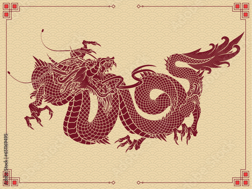 Oriental Asian red dragon zodiac sign. Vector illustration in engraving technique of coiled serpent dragon with horns on traditional textured background.