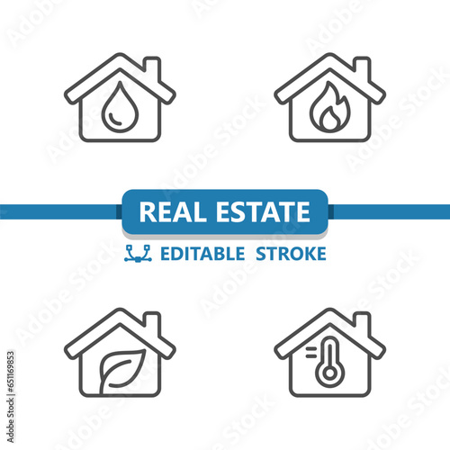 Real Estate Icons. House, Houses, Building, Water Drop, Fire, Leaf, Thermometer Icon © 13ree_design