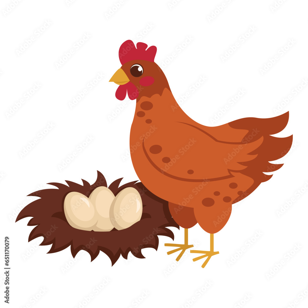 Naklejka premium Cute chicken next to the nest with eggs. Farm animals. Vector graphic.