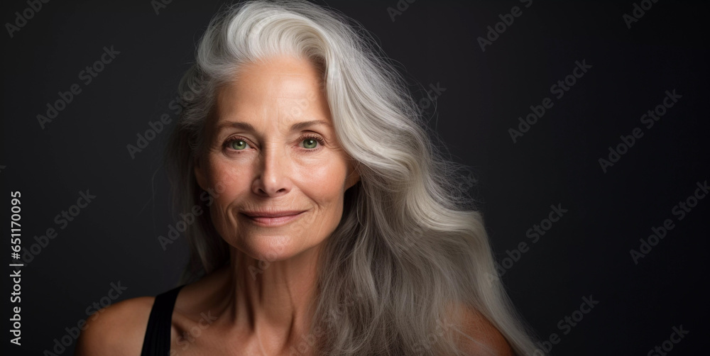 Close up studio portrait of beautiful elegant mature woman with gray hair, dark background