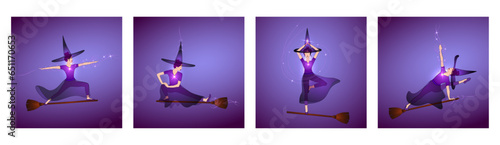 Halloween witches doing yoga postures. Slim young witches women in hatha yoga poses standing on brooms. Yogi hages in well balanced postures practicing witchcraft, making starlight magic, wearing hats
