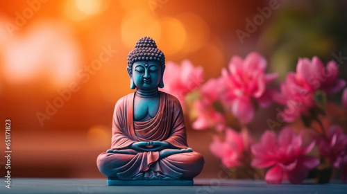 Close-up of buddha with vibrant colour and flowers. Meditation  religion concept.