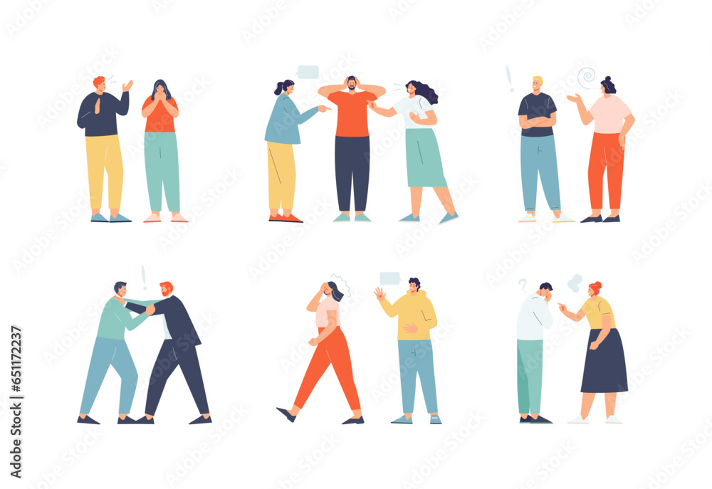 Aggressive dissatisfied people quarrel and shout at each other. Conflict, confrontation, resentment. Vector characters set - obrazy, fototapety, plakaty 