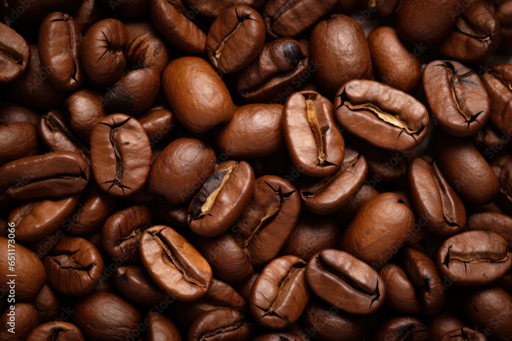 Naklejka premium Coffee beans in a captivating close-up, showcasing their intricate texture and rich aroma, providing a magnified view that reveals the essence of the coffee culture and the art of brewing.
