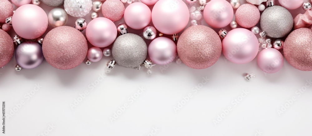 Christmas still life featuring pink and silver ornaments against a white backdrop Overhead perspective with room for text Christmas still life featuring pink and silver ornaments against a white backdrop Overhead perspective with room for text