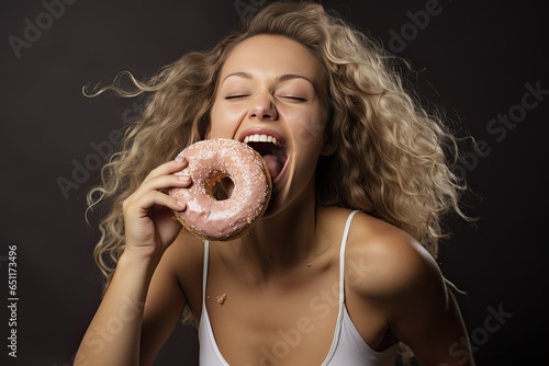 Craving Satisfied: Beautiful Adult Woman Enjoying a Donut, Biting with Happiness in a Snack and Dessert Moment