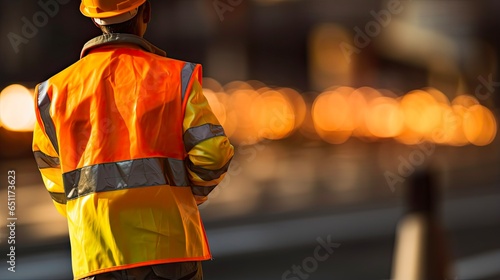 Traffic Control by Female Road Construction Worker in High Visibility Safety Clothes on Roadside during Highway Construction photo