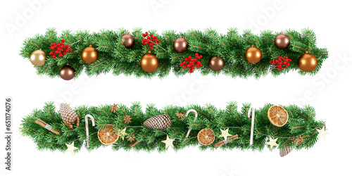 Christmas border with fir branches and cones on white