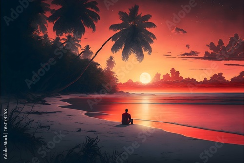 Landscape On the beach in the Maldives with many palm trees in the background a man sitting on the sand looking out to rough sea a beautiful red sunset Realistic photographic Incredibly detailed  © Rosemary