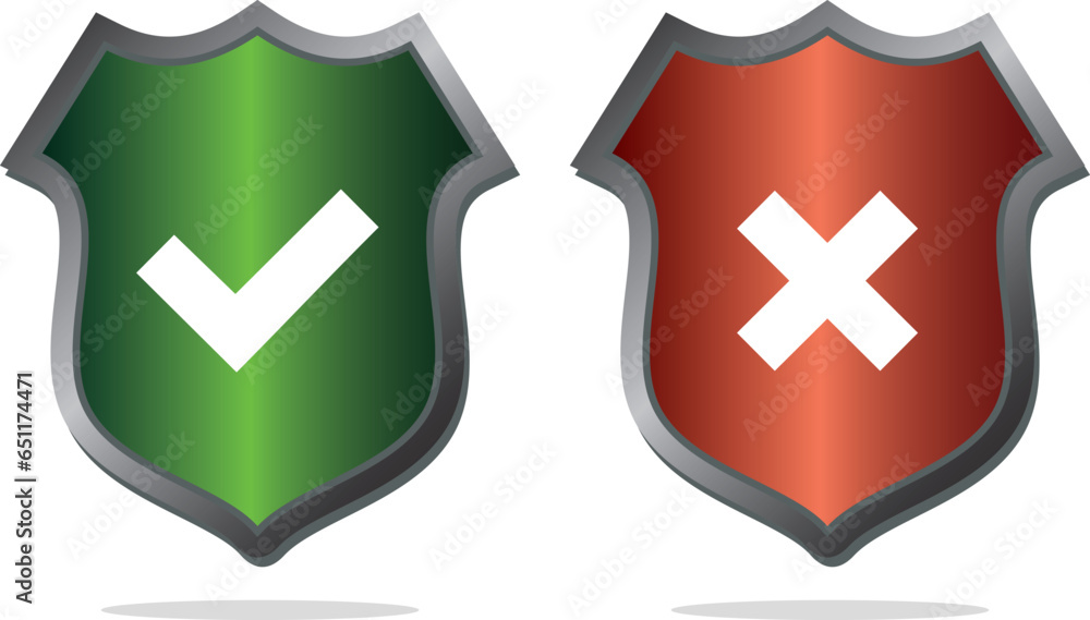 Shields and check marks icons set. Red and green shield with check mark and x mark. Protection, safety, security, reliability concepts. Shields and check marks icons set. Red and green shield with check mark and x mark. Protection, safety, security, reliability concepts.