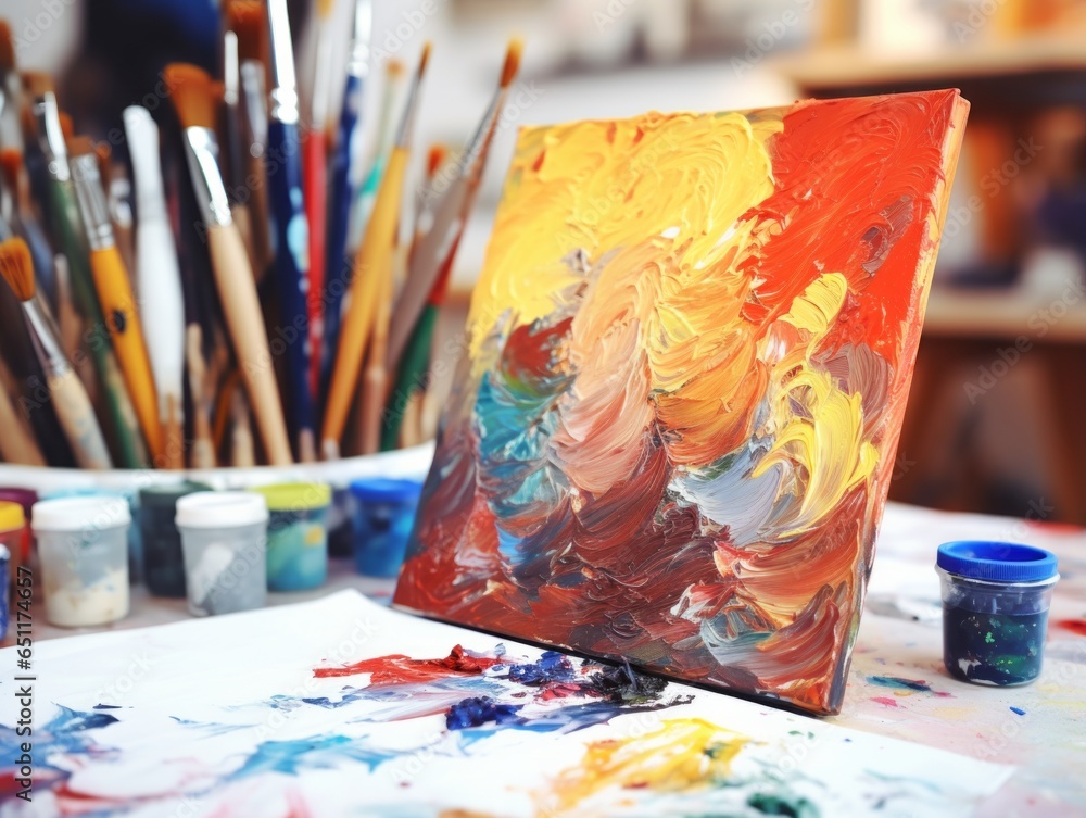 Artistic Creation: Paintbrushes and Paints on a Blank Canvas Artistic Creation: Paintbrushes and Paints on a Blank Canvas