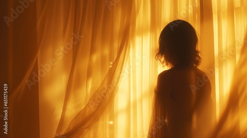 A woman standing in front of a curtain