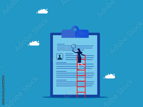 Check work ability. Businesswoman uses a magnifying glass to examine employee documents. Vector