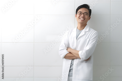Japanese senior doctor man with stethoscope in hospital.Mature doctor smiling.Portrait of confident senior medical doctor at hospital background. Generative AI.