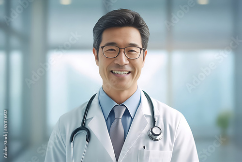 Japanese senior doctor man with stethoscope in hospital.Mature doctor smiling.Portrait of confident senior medical doctor at hospital background. Generative AI.