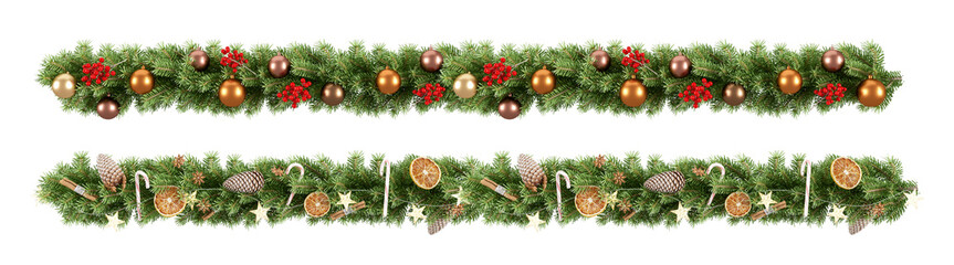 Isolated christmas border with fir branches and cones on white