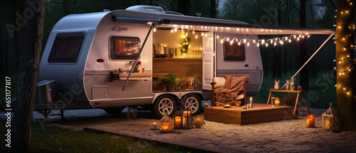 Outdoor Caravan Trailer in Campsite with Decorations and Picnic Setup