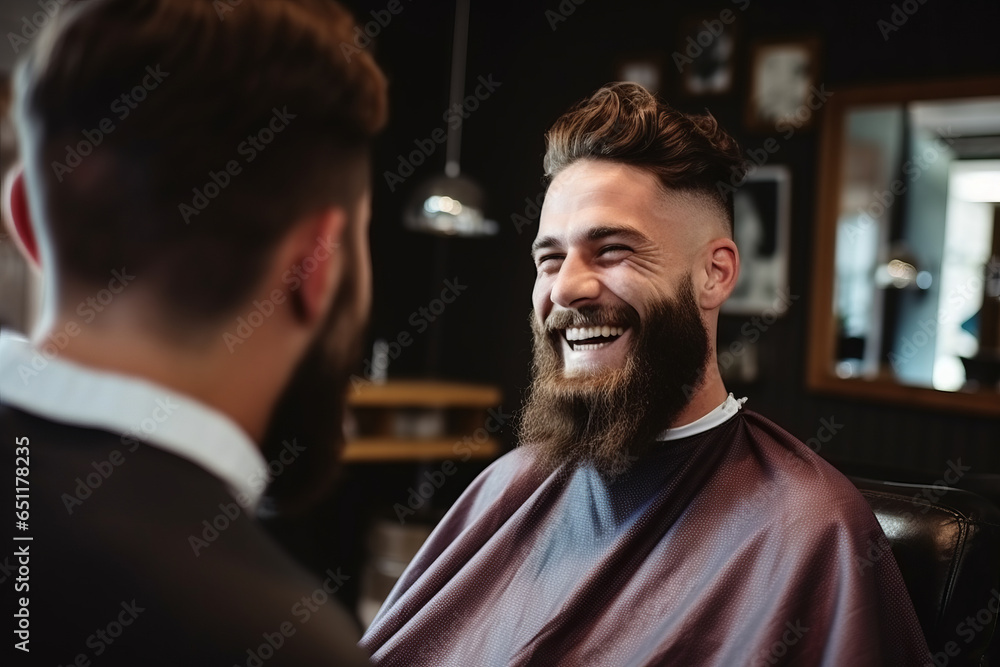 Stylish man with a beard enjoys a haircut and styling session in a hairdresser's barbershop Stylish man with a beard enjoys a haircut and styling session in a hairdresser's barbershop