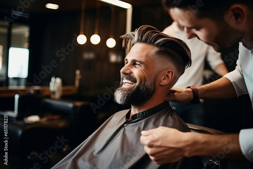 Stylish man with a beard enjoys a haircut and styling session in a hairdresser's barbershop