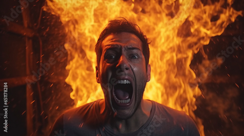 Man burning in fire with flames , burning fire hazard or immolation concept photo