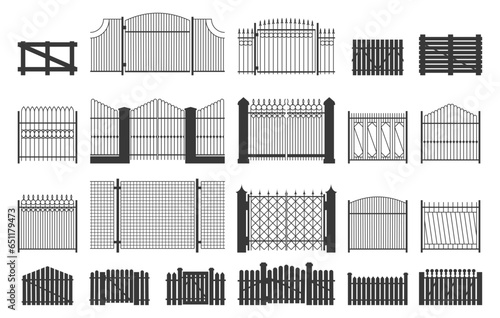 Fence and gate. Decorative ornamental grid metal frames, garden ornamental boundary construction, entrance security concept. Vector isolated set. Private territory protection, outdoor wooden planks