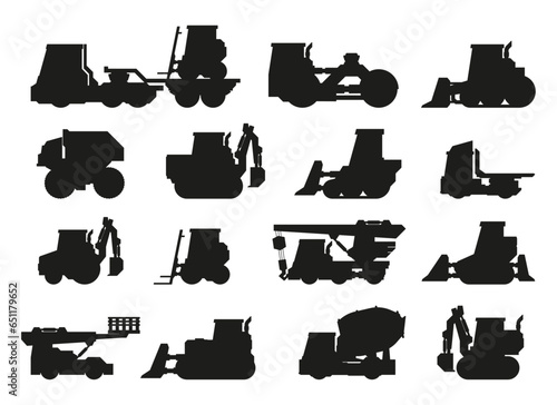 Industrial vehicles silhouettes. Heavy construction machinery flat style, transport construction equipment hydraulic bulldozer excavator loader. Vector isolated collection. Industrial car for building
