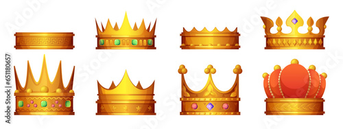 Royal crown set. Cartoon king noble knight princess head decorations, antique royal crown with jewels, tiara in flat style. Vector isolated set of crown royal and noble illustration