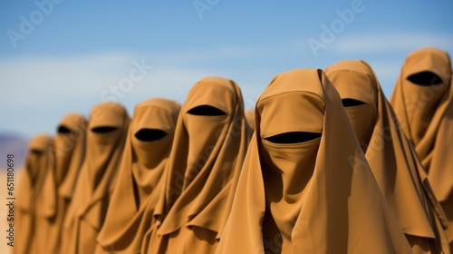 A group of Islamic women in tan burkas standing in a line. AI. photo