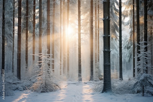 Winter forest with frost and snow, sun rays penetrate through the trees © PinkiePie