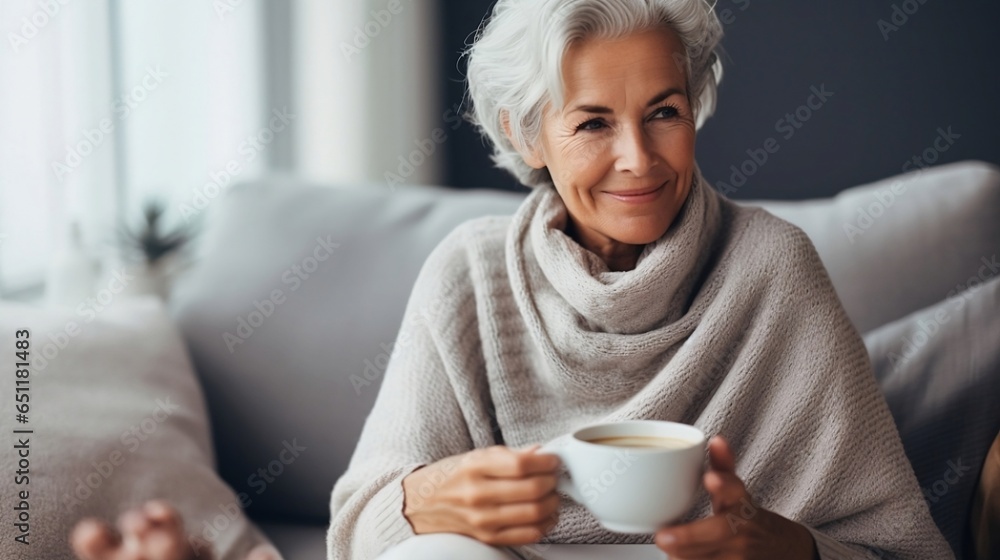 Beautiful mature female sitting on the sofa in winter time and drinking hot tea - obrazy, fototapety, plakaty 