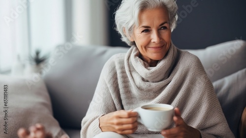 Beautiful mature female sitting on the sofa in winter time and drinking hot tea