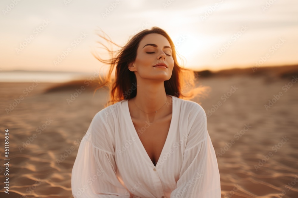 Portrait gorgeous charming relaxed European woman lady girl female sitting performing meditation beach sand ocean sea. Vacation trip mental health care happy traveler holiday soul rest wellness yoga Portrait gorgeous charming relaxed European woman lady girl female sitting performing meditation beach sand ocean sea. Vacation trip mental health care happy traveler holiday soul rest wellness yoga