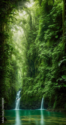 Lush jungle, river, waterfall, green foliage, vines in a vibrant natural scene. © Quardia Inc.