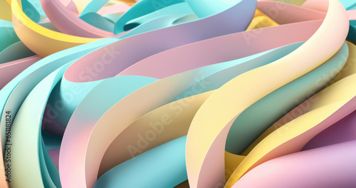 Abstract swirls of pastel-colored paper ribbons and tubes create a vibrant display of swirling 3D shapes.