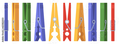 Clothes pegs. Colorful wooden and plastic pins for household clothesline, laundry fasteners flat style. Vector isolated set of clothesline for clothes, housework closeup illustration